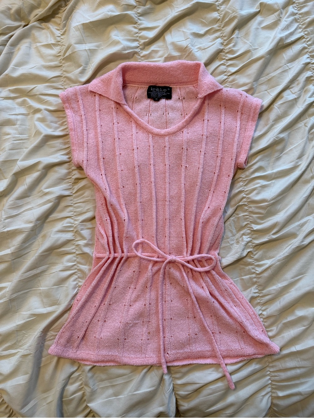 Knitivo Pink Collared Knit Sweater Top with Belt Detail